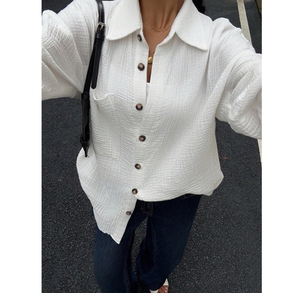 Cotton White Casual Shirt  Button Down Up Long Sleeve - Picture 10 of 16